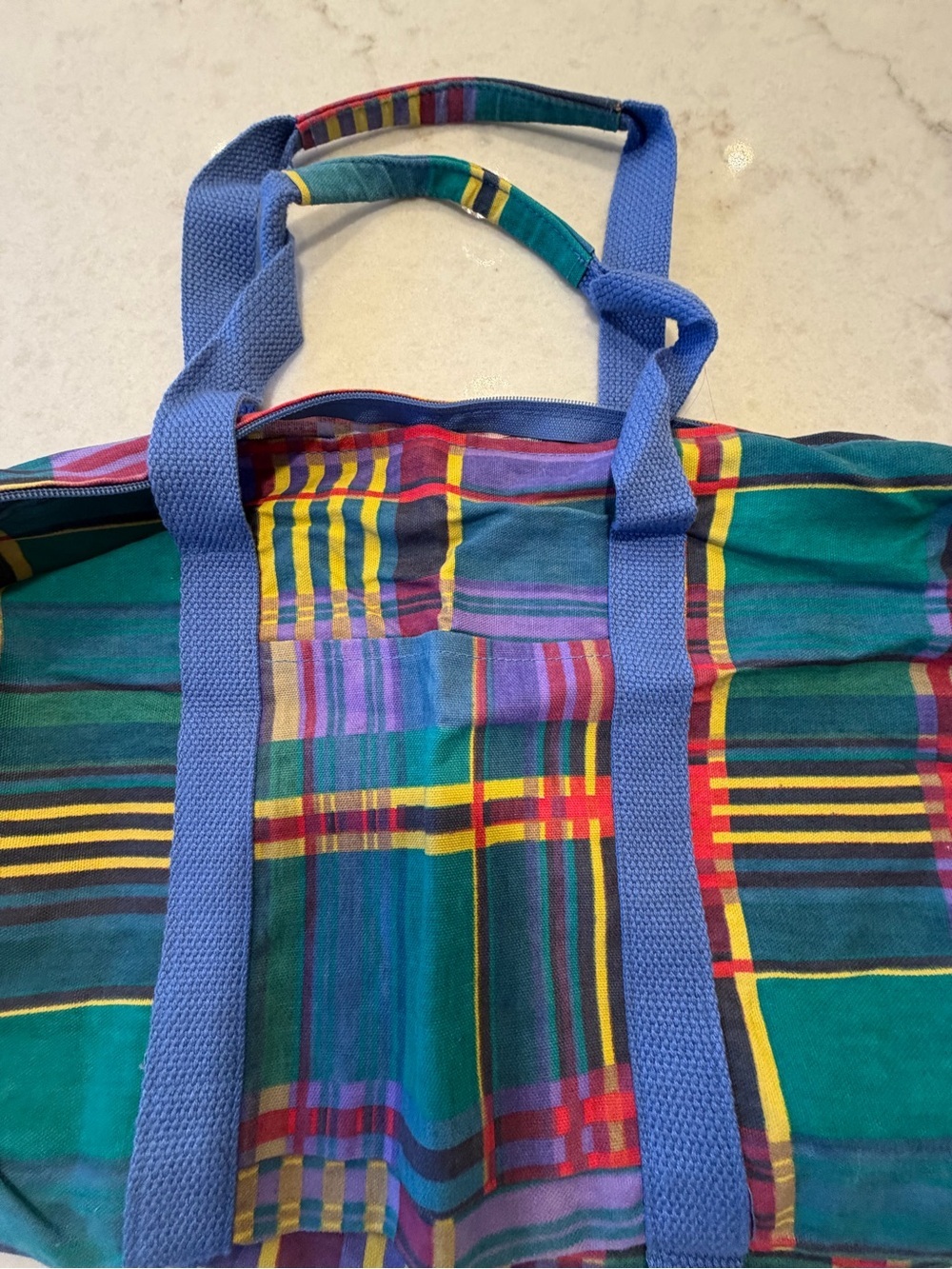 THE NEW ENGLANDER Colorful Plaid Duffel Bag with Light Blue Straps! - Picture 4 of 5